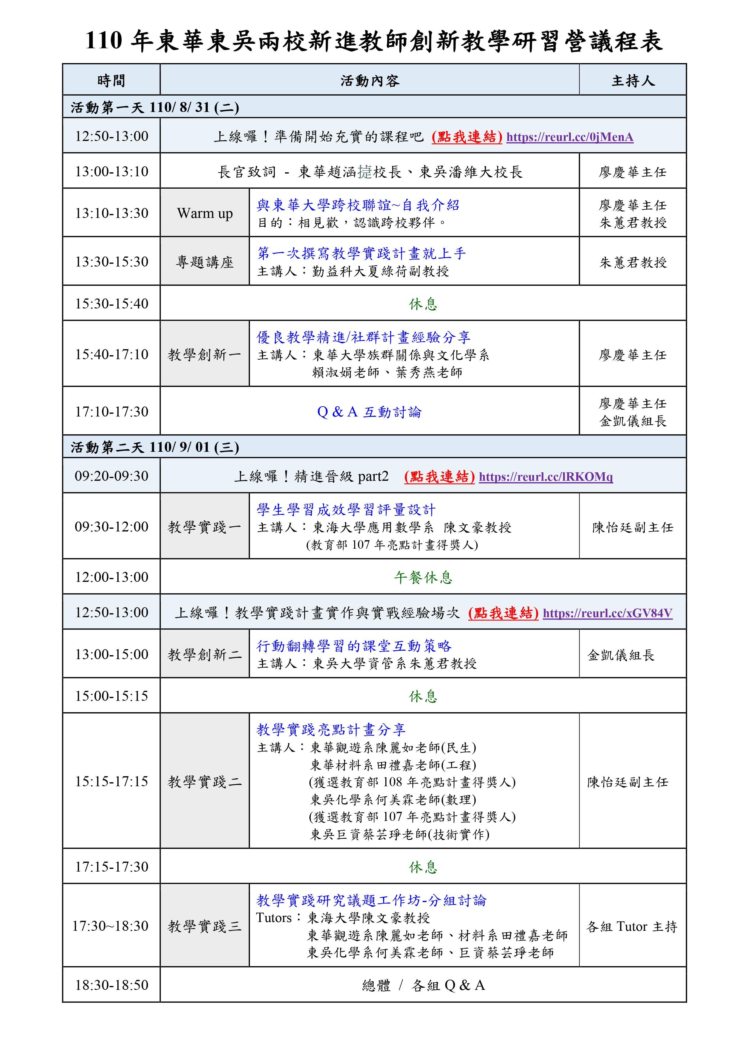 110年東華東吳合辦新進教師創新教學研習營議程表0831_教學卓越中心0823版本